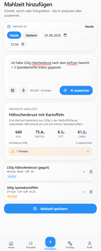 NouriQ Dashboard mit Ernährungs- und Trainingsübersicht