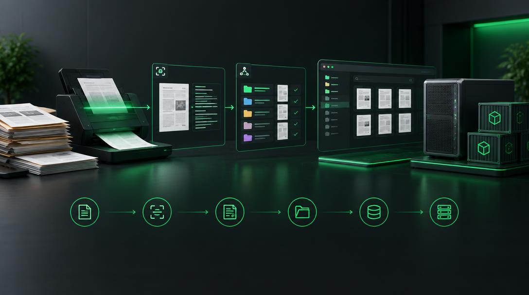 Illustration eines Paperless-ngx Dokumentenworkflows mit OCR und Archiv